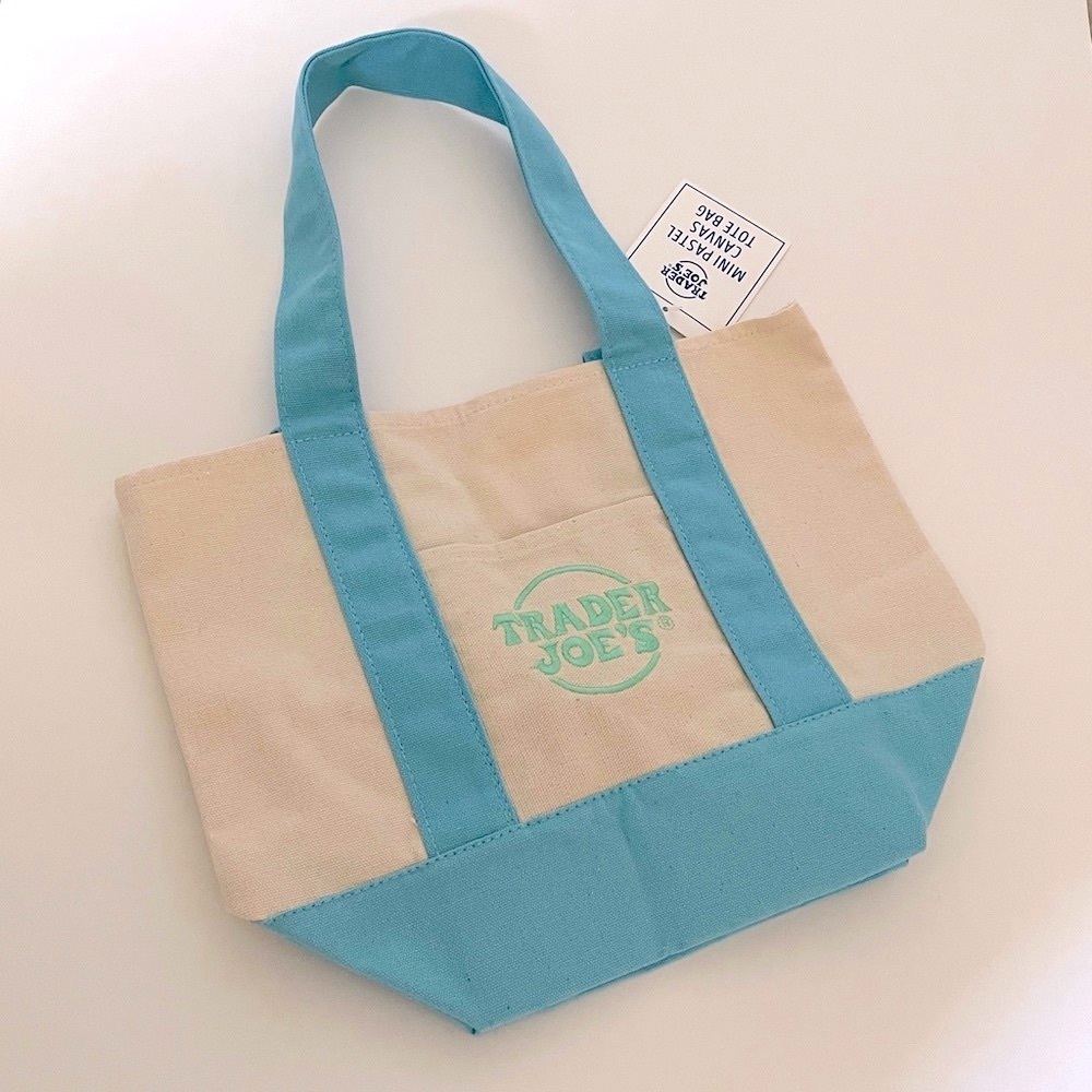 Trader Joe’s Tote Bag Canvas Embroidered Ecru Blue Beach Coastal